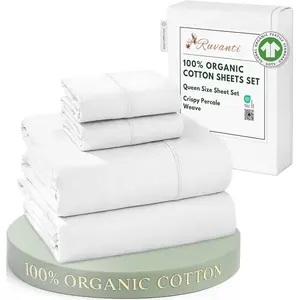 100% Organic Cotton Queen Size Sheets, Percale Weave, GOTS Certified 4-Piece Set, 15" Deep Pocket, Crisp Breathable Soft Durable Bedding, Bright White