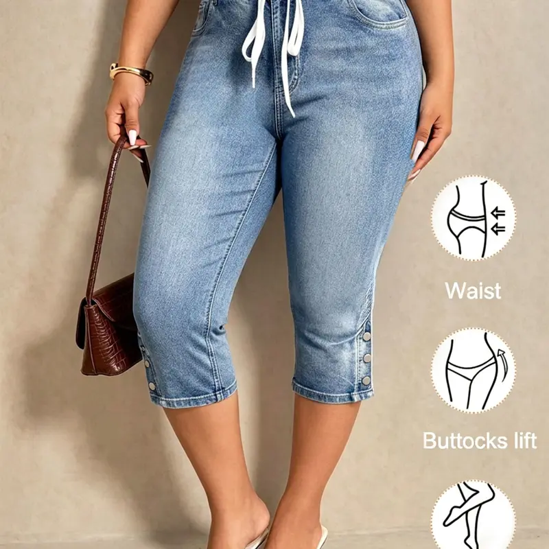 Plus Size Adjustable Drawstring Waist Capri Jeans, Casual Button-Detail Denim Pants, Y2K Summer Clothes for Parties & Daily Wear, Trendy Shaping Bottoms, Comfortable Stylish Washed Trousers, Casual Fitted Jeans