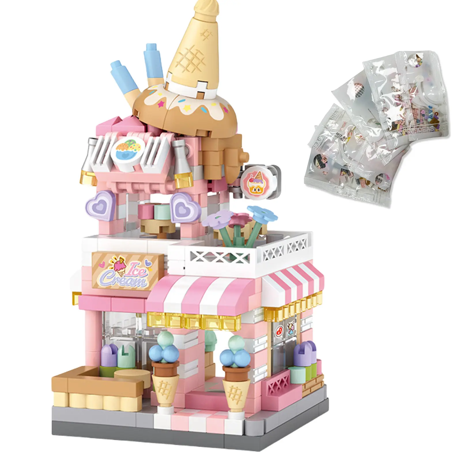 Building Blocks Toy, Creative Girls Ice Cream Theme House, Simulation Architecture Set Educational Building Toys, Christmas Birthday Gift (Ice Cream Dessert House) House Building Kit, Building Block Sets