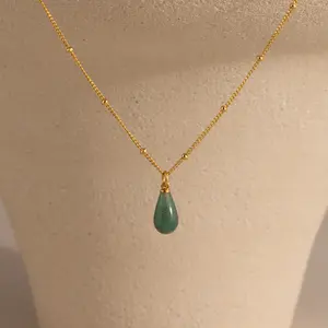 Jade Drop Necklace by Caitlyn Minimalist - Dainty Teardrop Gemstone Pendant Necklace on Beaded Satellite Chain - Green Jade Jewelry - Gift For Friend