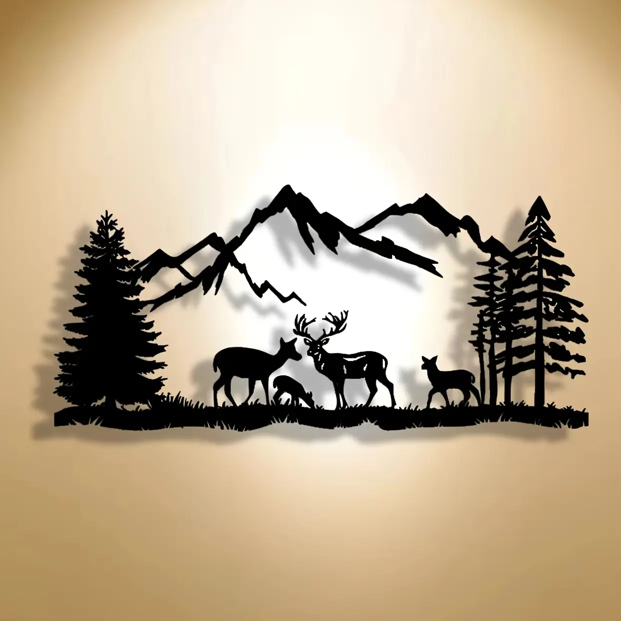 1 piece handmade wrought iron wall decoration - silhouette of elk and forest mountain scenery, classic modern hollow metal sign suitable for home, office, coffee shop, farmhouse decoration, Decoration Items, Home Decor Products