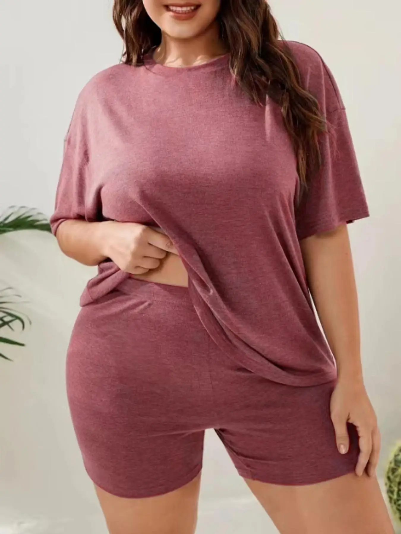 Plus Size Two-Piece Set Solid Drop Shoulder Tee & Elastic Waist Shorts Set, Cozy Round Neck T-shirt & Skinny Shorts for Workout Running, Women's Outfi