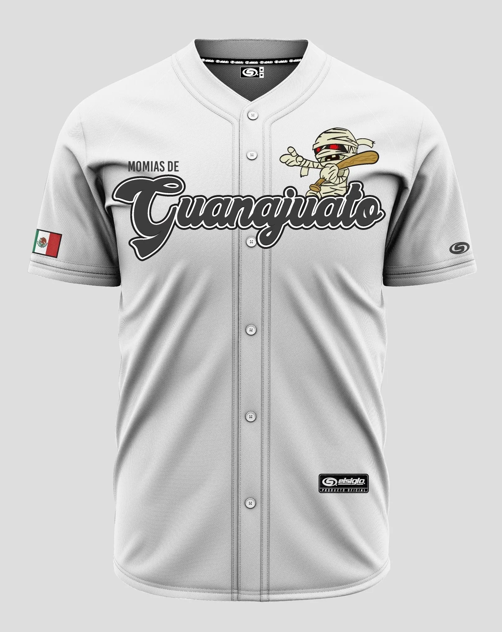 (White/Navy blue) Momias De GUANAJUATO Jersey - Breathable Baseball Jersey, Unisex, Fitted, Machine Washable, Casual Wear Option
