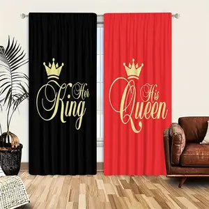 King Queen Print Curtains Set of 2, Rod Pocket Design, Easy to Hang, Semi-Transparent Privacy Drapes, Window Curtain, Polyester Fiber, Home Decor, Home Decoration Curtain