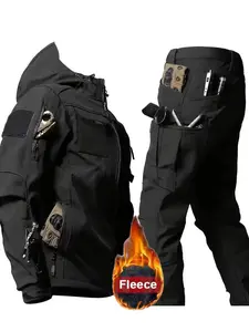 Men's Autumn/Winter Velvet Warm Set-Outdoor Thickened Soft Shell Hooded Jacket + Stretch Waist Durable Velvet Tactical Trousers for Winter Safari, Mountaineering, Camping and Daily Leisure Warm Set, Casual Fashion Set
