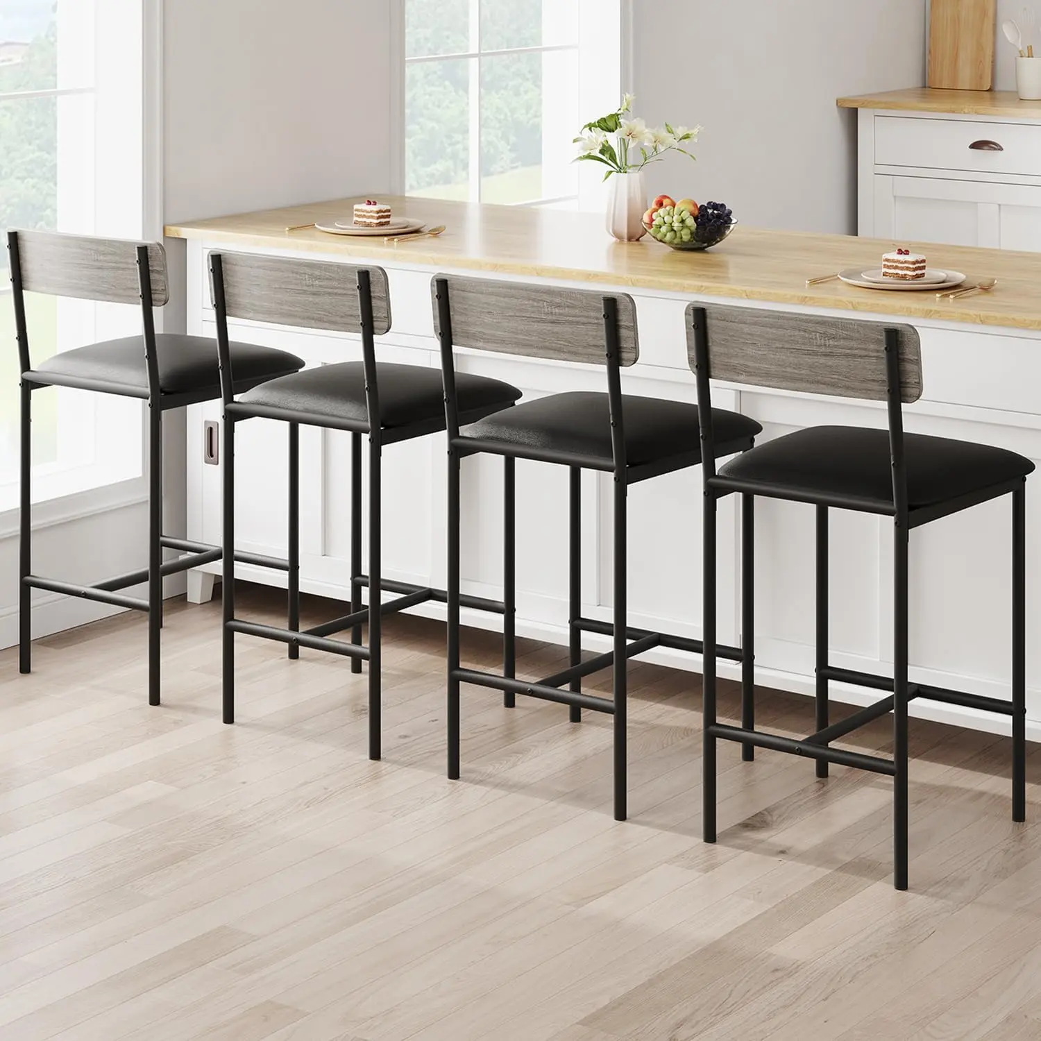 4-Piece Armless Upholstered Bar Stools - 25.5" Counter Height MDF-Steel Chairs with Backrest, Footrest - Easy Setup - Rustic Gray Finish - Ideal for Home Bar, Kitchen Island, Family Meals