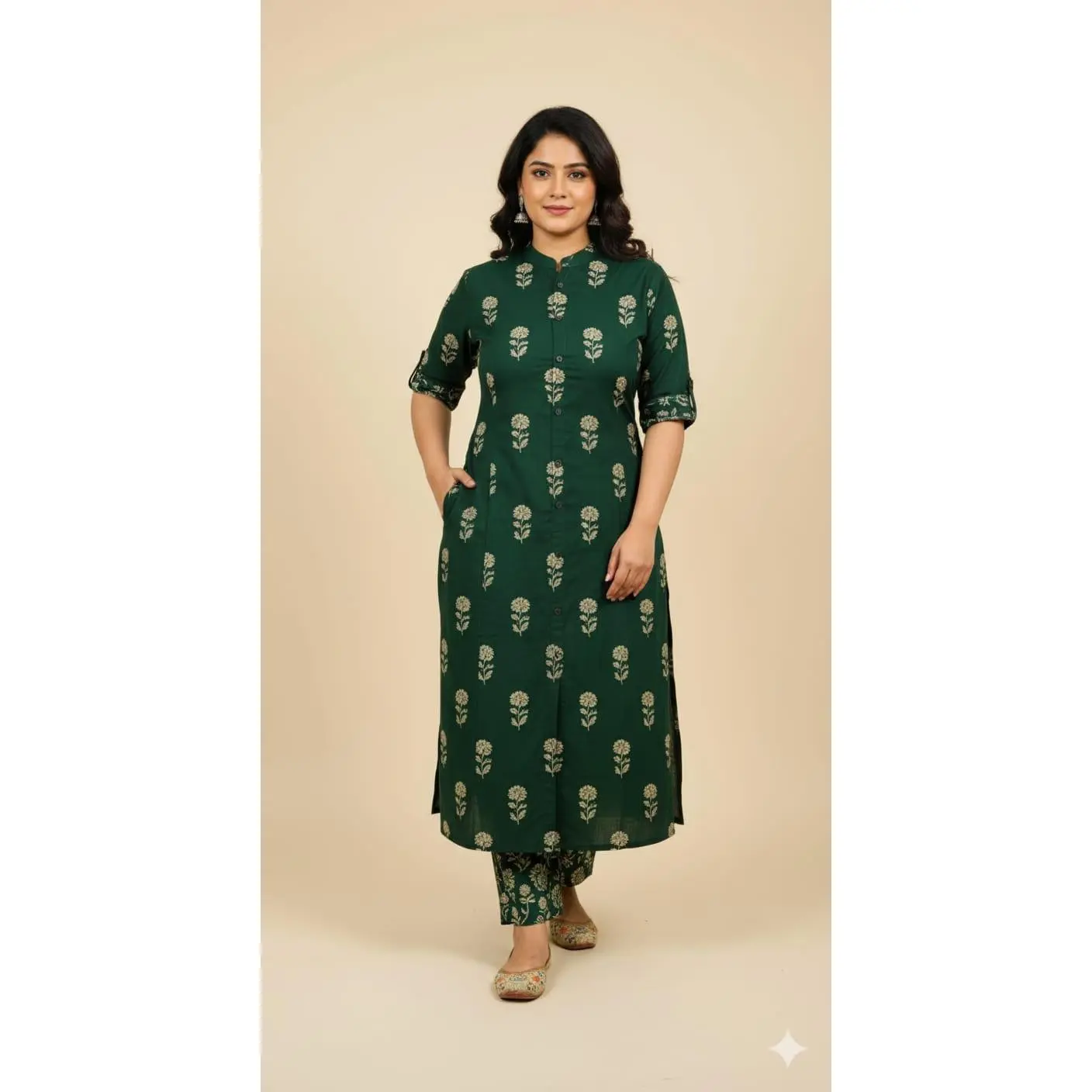 Designer Green Ikkat Print Cotton Co-erd Set