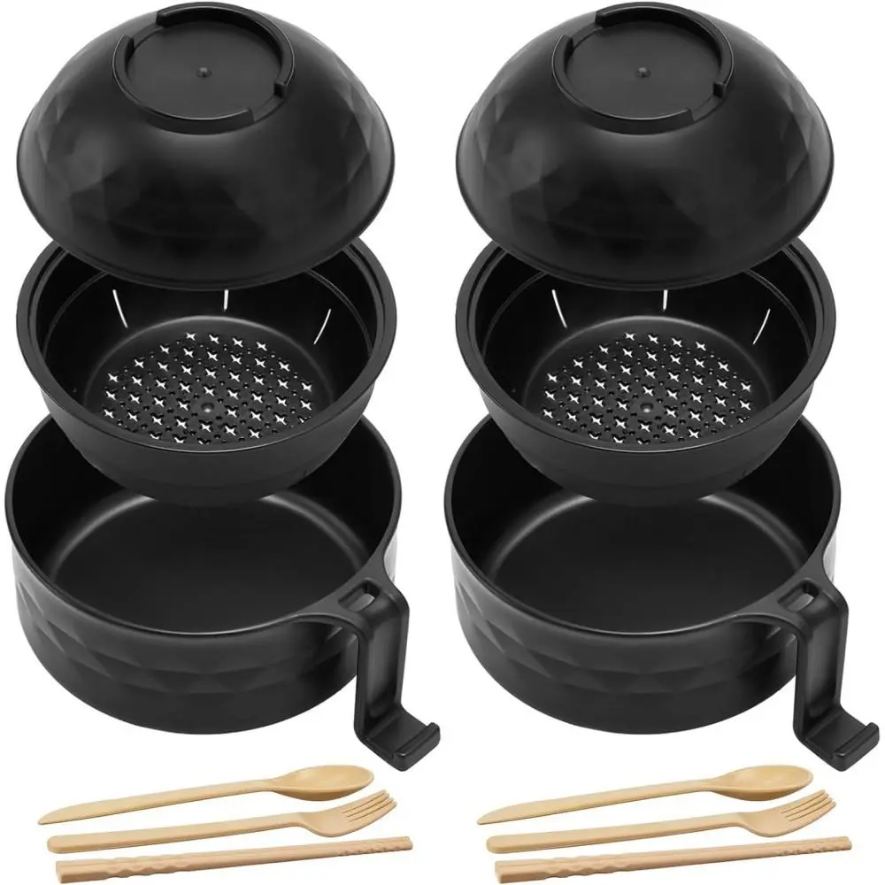 Wheat Straw Tableware Set for Student Apartments, with Heat-Insulated Double-Handle Noodle Bowls, Full Cutlery & Full Utensils (2 Black Top Bowls)