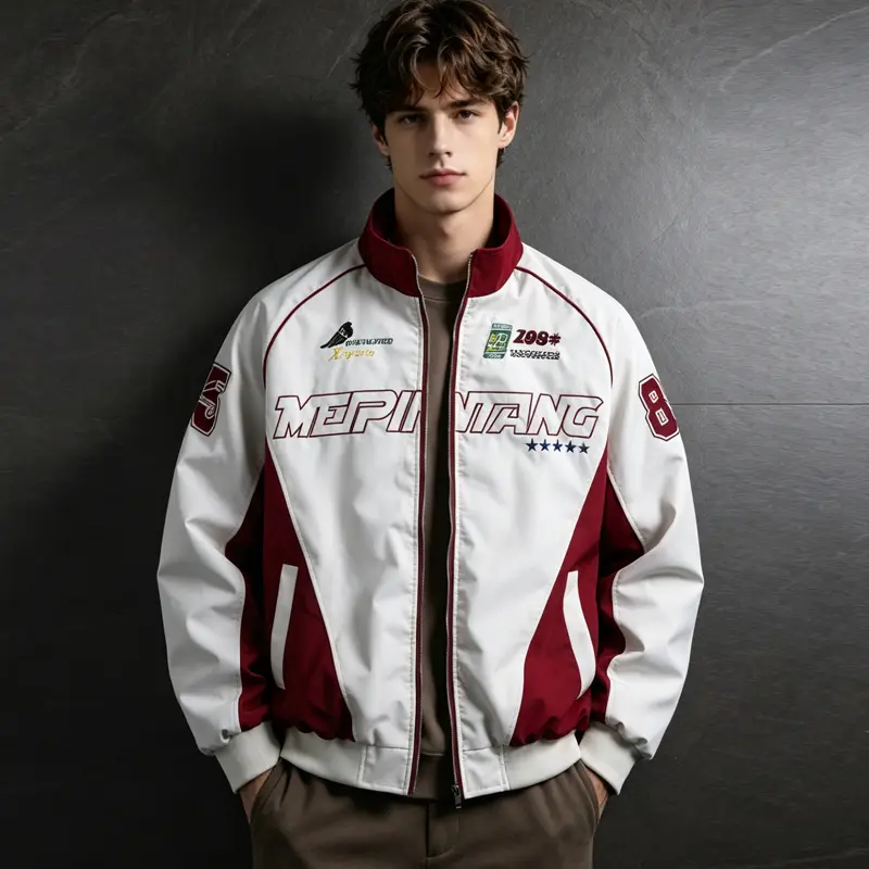Men’s Vintage Racing Jacket Y2K Color Block Bomber Jacket Casual Streetwear Coat