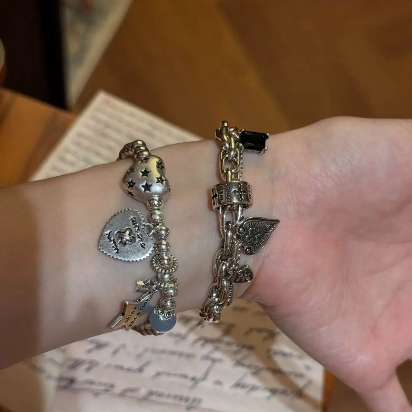 925 Real Silver Retro Punk Charm Bracelet - Heart, Star Accents, Unisex Alt-Style Baroque Retro Grunge Wrist Jewelry, Cool Daily Wear Accessory, Stackable Gift for Bestie
