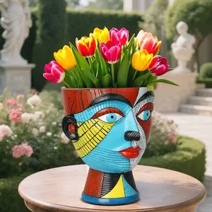 Picasso-Inspired Resin Vase 6.8 inches Modern Abstract Art Decoration for Indoor & Outdoor Use with Drainage Holes Lightweight Non-Fragile 3D Decorative Plant Container for Offices Cafés and Home Decor