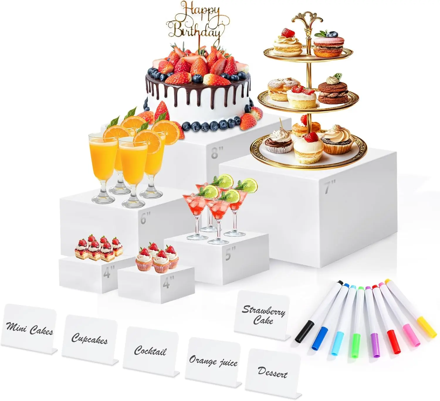 6 pieces of white acrylic self-service lift with mini stand and marker pen, food display rack for self-service dining table, dessert, jewelry collection, suitable for cupcakes, cakes, drinks, party food