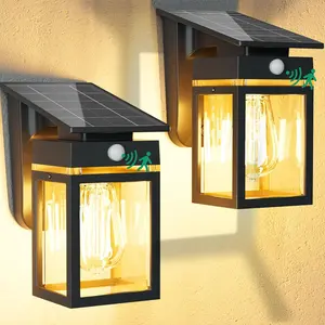 2 Pack Solar Porch Lights Outdoor, Dusk to Dawn & Motion Sensor Wall Light with Lantern Shape, 3 Modes IP65 Waterproof, E26 Bulb Exterior Sconce for Front Porch, Garage, Patio Security