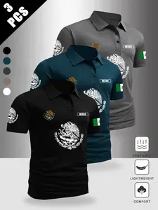 Men's Casual Short Sleeve Polo Shirt Set, Luxury Mexican Emblem Flag Design, Comfortable High-Quality Elastic Breathable Fabric