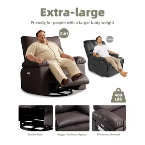 Oversized Swivel Recliner Dining Chair for Adults – Manual Rocking, Heat & Massage, PU Leather, Remote Control, 360° Round Base, Collapsible Armrests, Side Pull Ring, Vintage Dual-Tone – Ideal for Nursery, Living Room