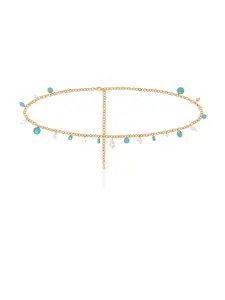 Tropical Turquoise and Pearl Waist Chain – Gold Tone Beaded Body Chain with Freshwater Pearls, Adjustable 25” + 5” Extender, Summer Beach Bikini Jewelry