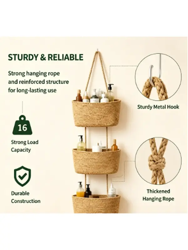 Woven cotton 3-Tier Over the Door Basket, Wall-Mounted Jute Bathroom Storage Organizer – Decorative Nursery Baskets, Perfect for Busy Mom/Dad to Store Diapers & Toys small basket Gift Hook laundry basket house organizers