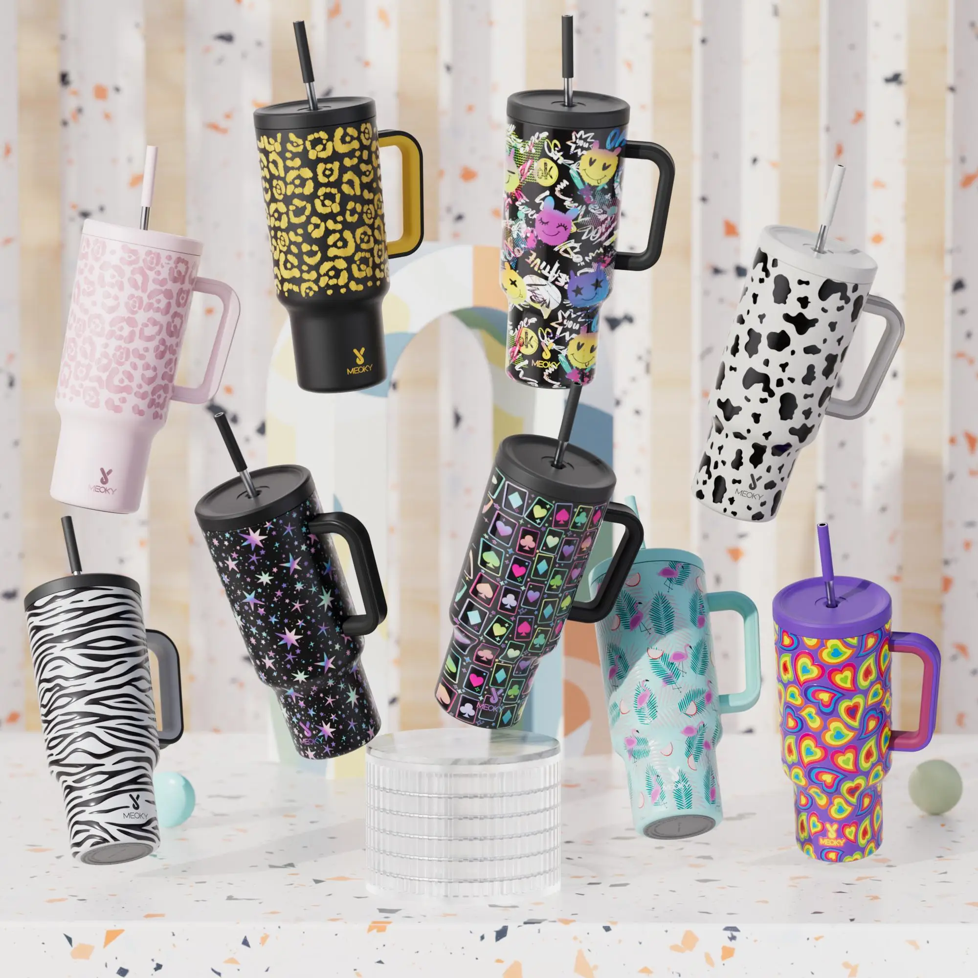 40oz Patterned Straw Handle Cup, 1 Count Multi-grid Ice Cube & Leak-proof Cup Lid with Silicone Handle, Insulated Wide Mouth and Narrow Bottom for Eas