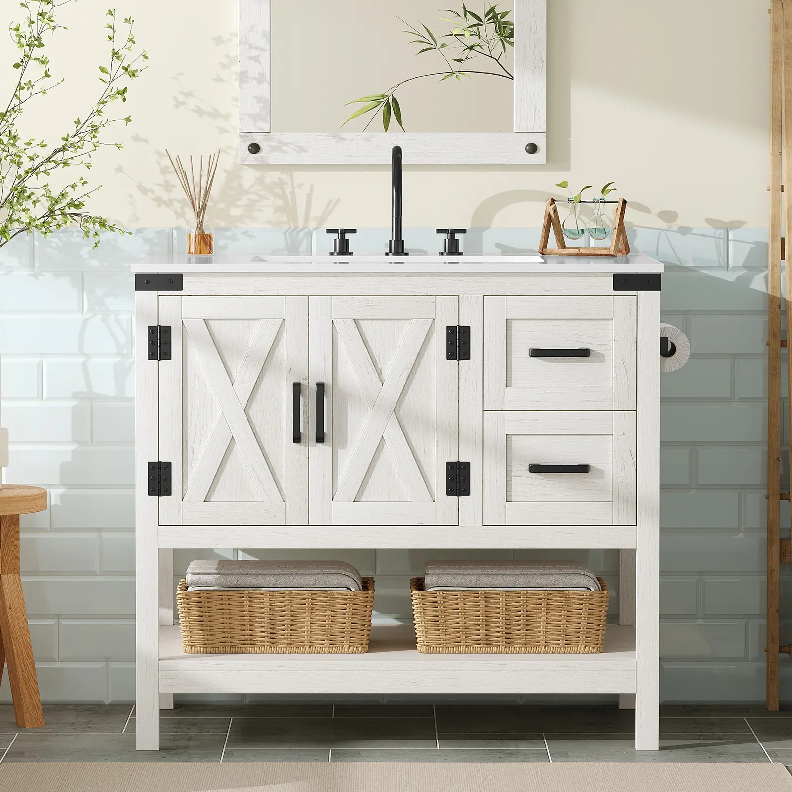 [Ships in 2 Boxes] AMERLIFE 23.4"/36"/48"/60" Farmhouse Bathroom Vanity with Sink Combo, Wood Barn Door Freestanding Small Single Bath Storage Cabinet Set with Sliding Drawers & Open Shelf, Paper Towel Holder