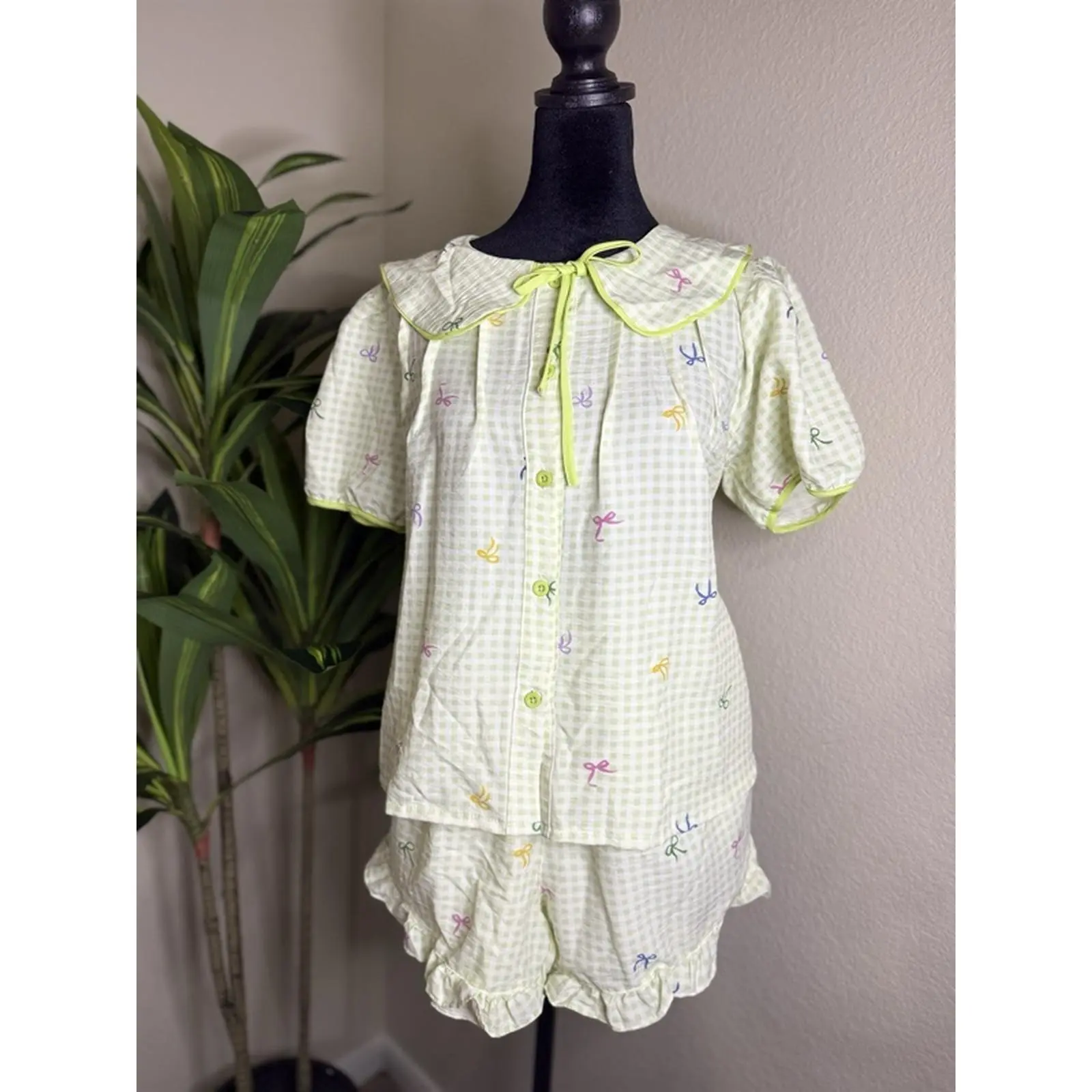 Charming Green Checkered Pajama Set with Yellow Trim and Button Front Design for Comfortable Sleep