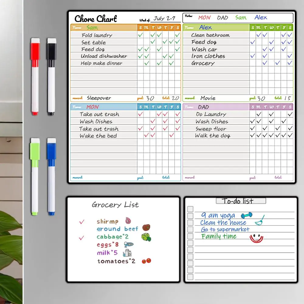 Chore Chart & 2 Counts Dry Erase Board, 1 Set Magnetic Chore List Board, Shopping List Board, Wall Planner, Visual Schedule Board, Home & Office Presentation Supplies, Monthly Planner Magnet, Dry Erase Calendar For Wall