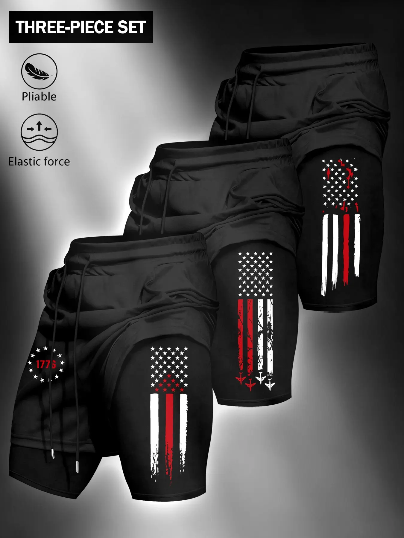Men's American Flag Fake Two-Piece Sport Shorts Set, Inner Compression Anti-Exposure, Outer Breathable, Street Sports Style