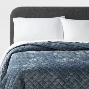 Full/Queen Luxe Diamond Stitch Velvet Quilt Slate Blue - Threshold