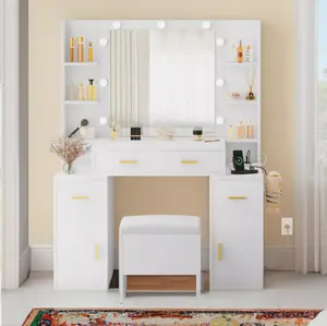 DWVO Vanity Desk with Mirror and Lights, Makeup Vanity Set Ensemble with Power Dock, Dressing Table Storage Stool for Bedroom, 3 LED Lights Modes, Black/White