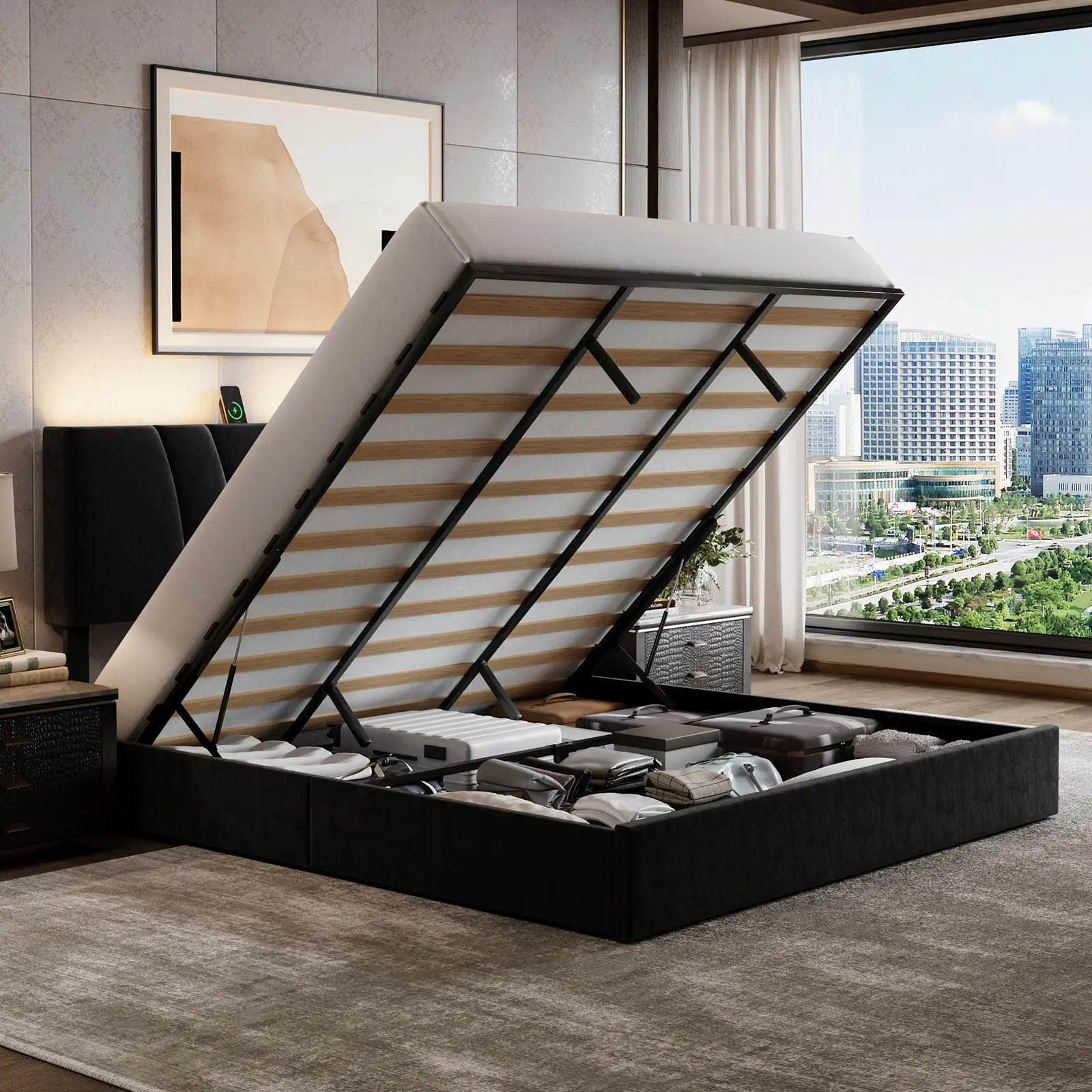 Avenco Lift Up Storage Bed Frame with Charging Station & LED Light, Upholstered Platform Bed with Hydraulic Lift, 3-Level Adjustable Headboard, No Box Spring Needed, Full Queen King