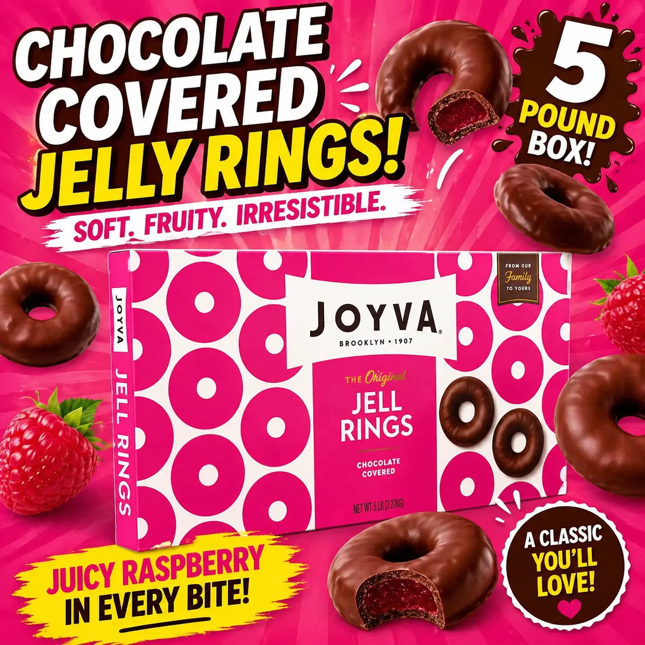JOYVA Chocolate Covered Raspberry Jelly Rings 5 lb Box  Gourmet Dark Chocolate Raspberry Candy | Bulk Jelly Rings for Parties & Candy Buffets