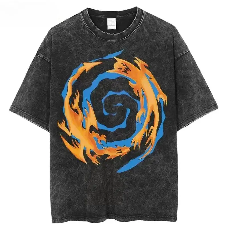 Unisex Yu-Gi-Oh Short-Sleeve Oversized T-Shirt - Heavyweight Cotton Vintage Anime Graphic Tee, Polymerization Fusion Vortex Design, Acid Wash Harajuku Streetwear, Blue Vortex Spiral Orange Spirits Front Print Apparel, Shortsleeve