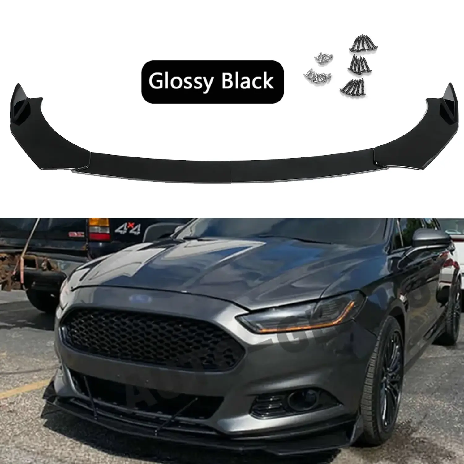 Durable Glossy Black ABS Plastic Car Front Bumper Lip Spoiler Splitter Chin Body Kit Accessories for Ford Fusion, Strut R+, with Precise Fitment