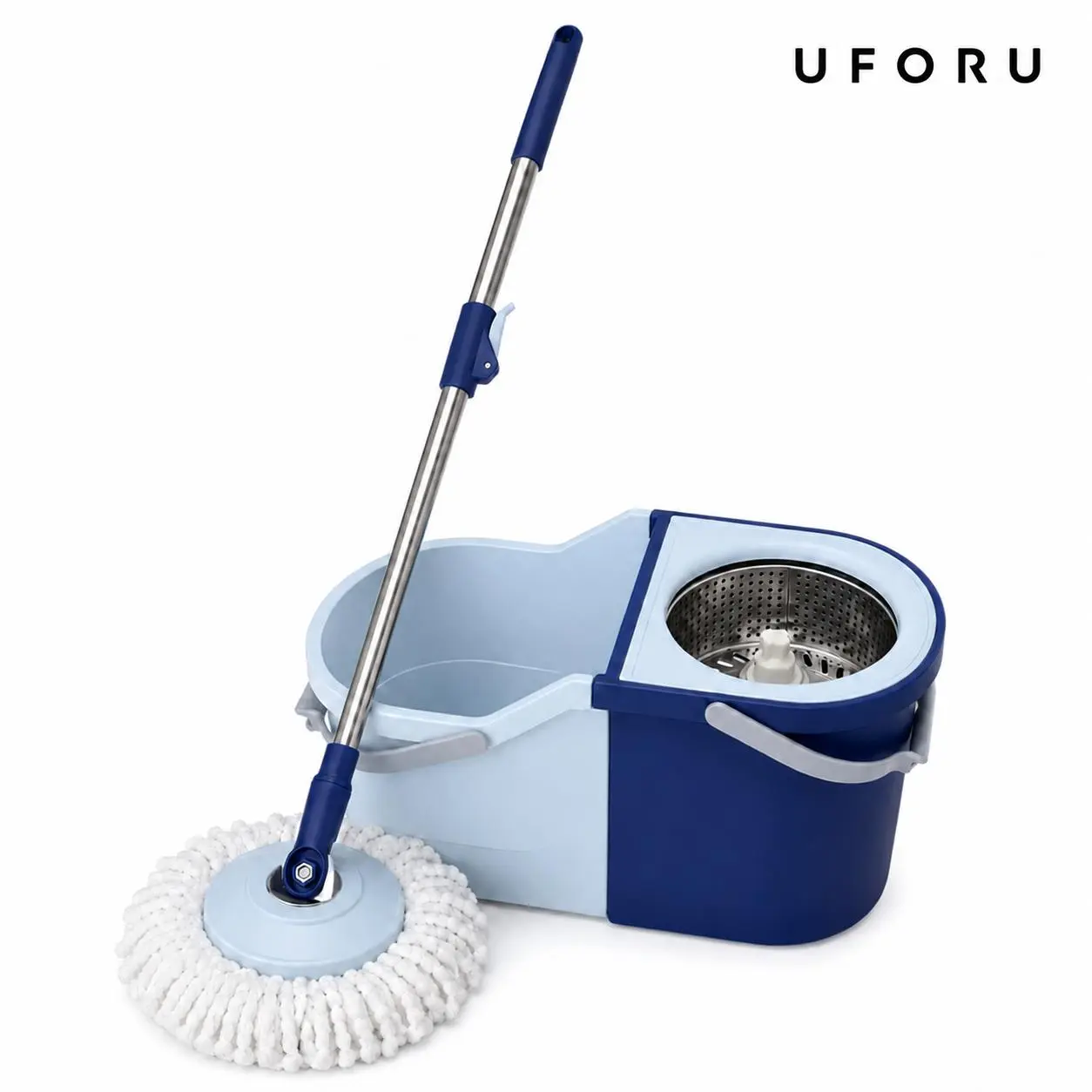 UFORU 2-in-1 Spin Mop Set for Floor Cleaning - Separation Bucket System with Stainless Steel Wringer Basket, Hands-Free Spin Drying, 180° Rotating Ultra-Fine Microfiber Mop Head, for Home Tiles, Solid Wood Floors & Daily Clean Use