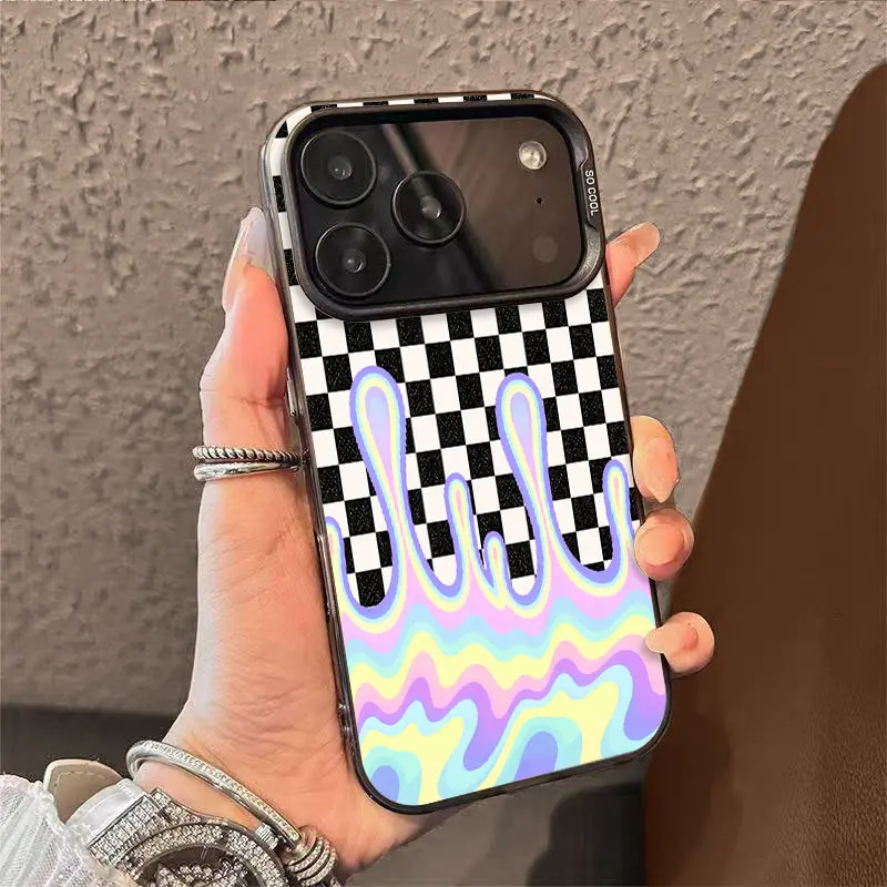 Gradient Wave Checkerboard TPU Flexible Shell Smartphone Case with Camera Guard, Shockproof, Anti-Drop, Durable Stylish Protective Cover for iPhone 17, 17 Air, 16 Pro Max, 15, 14 Plus, 13, 12, 11, XR, XS