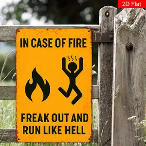 2D Flat - 1pc Vintage "Crazy Escape and Run To Hell" Metal Tin Sign |   8x12 Inches, Yellow with Black Text and Flame Design, Durable Aluminum Wall Art, Suitable for Home, Bar, Caf