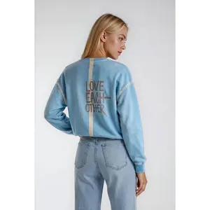 Women's Cotton Terry Hoodie Pullover Tops - Longsleeves, Casual, Light Sky Color, Hand-Painted Heart Love Message Stripe Print, Unisex Fit