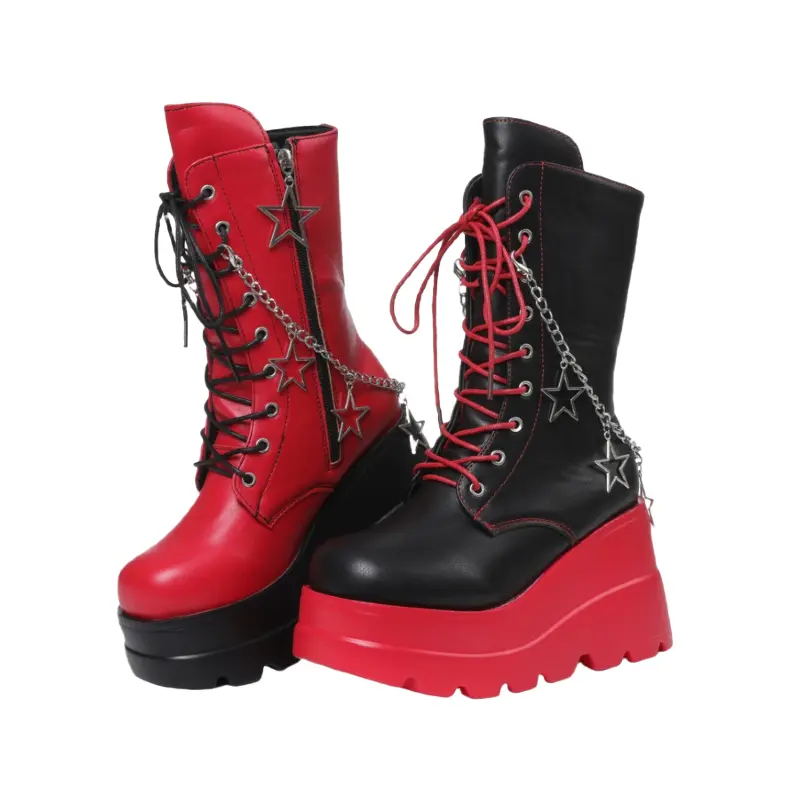 Women's Punk Look Round Toe Statement Boots - Starry Sky Design, Star Chain Accent, Black-Red Color, Alt Girls Cool Girl Aesthetic Fashion Footwear, Statement Shoes, Grunge Aesthetic, Knee High, Rock Style, Alt Outfits, Alternative Style, Bold Round‑Toe F