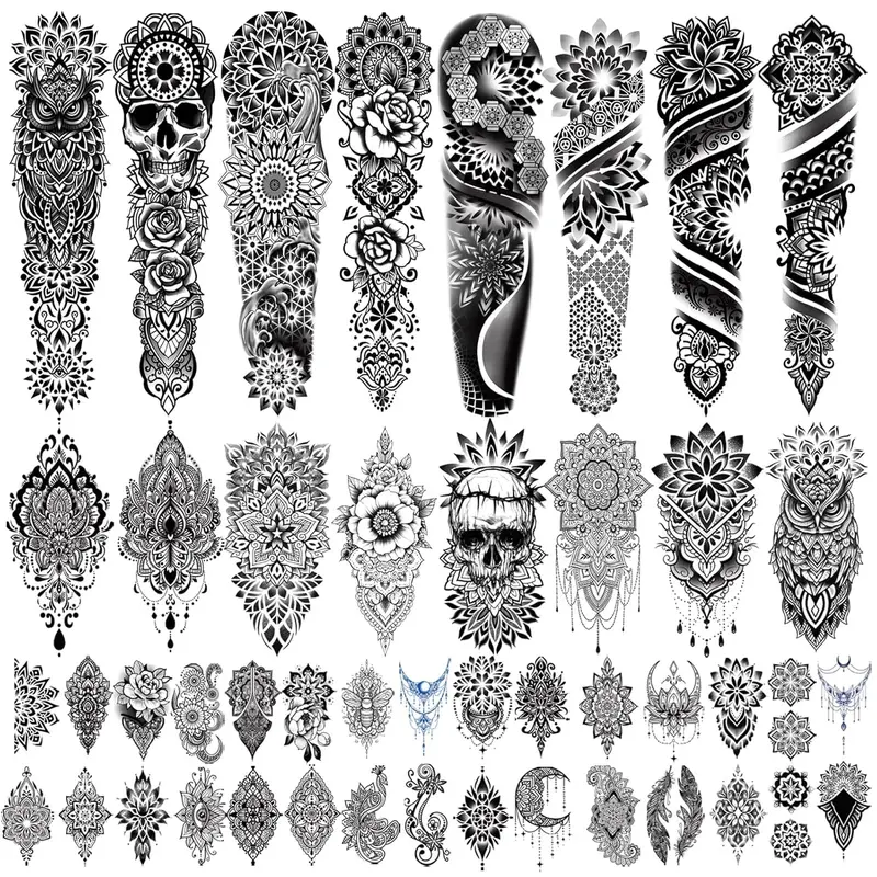 48 Waterproof Temporary Tattoos For Adult, Mandala Vintage Black Lotus Temporary Tattoos for Men Women, Mandala Full Arm Fake Tattoo Bohemia Flower Fake Arm Tattoos for Boys Girls