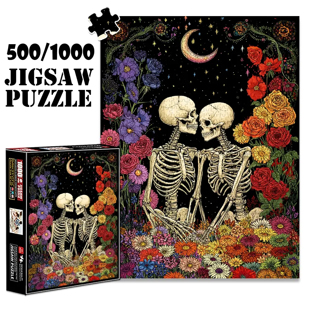 1pc 1000 piece adult Family Puzzle 70x50cm Two Skeletons Embracing with Floral, Star and Crescent - Moon Design 500 pieces paper jigsaw puzzle suitable for DIY creative games for adults and families, birthday a Art Puzzles Gift