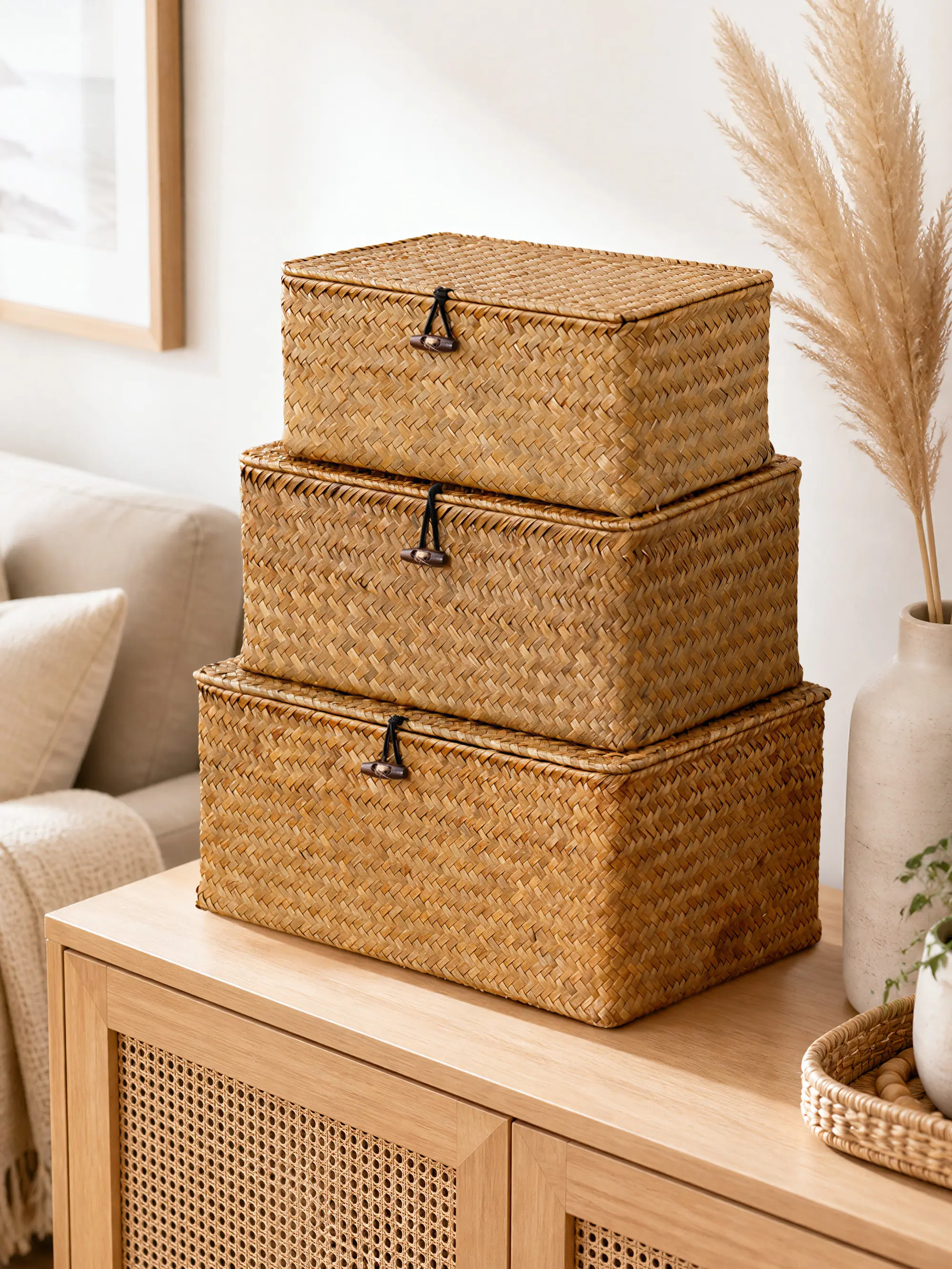 Nonam Eco-Friendly Handwoven Natural Seagrass Straw Rattan 3-Pack Rectangular Lidded Bins, Household Organiser Storage Baskets for Toddlers Holiday Boho Home Decor Multipurpose Containers, Home Supplies