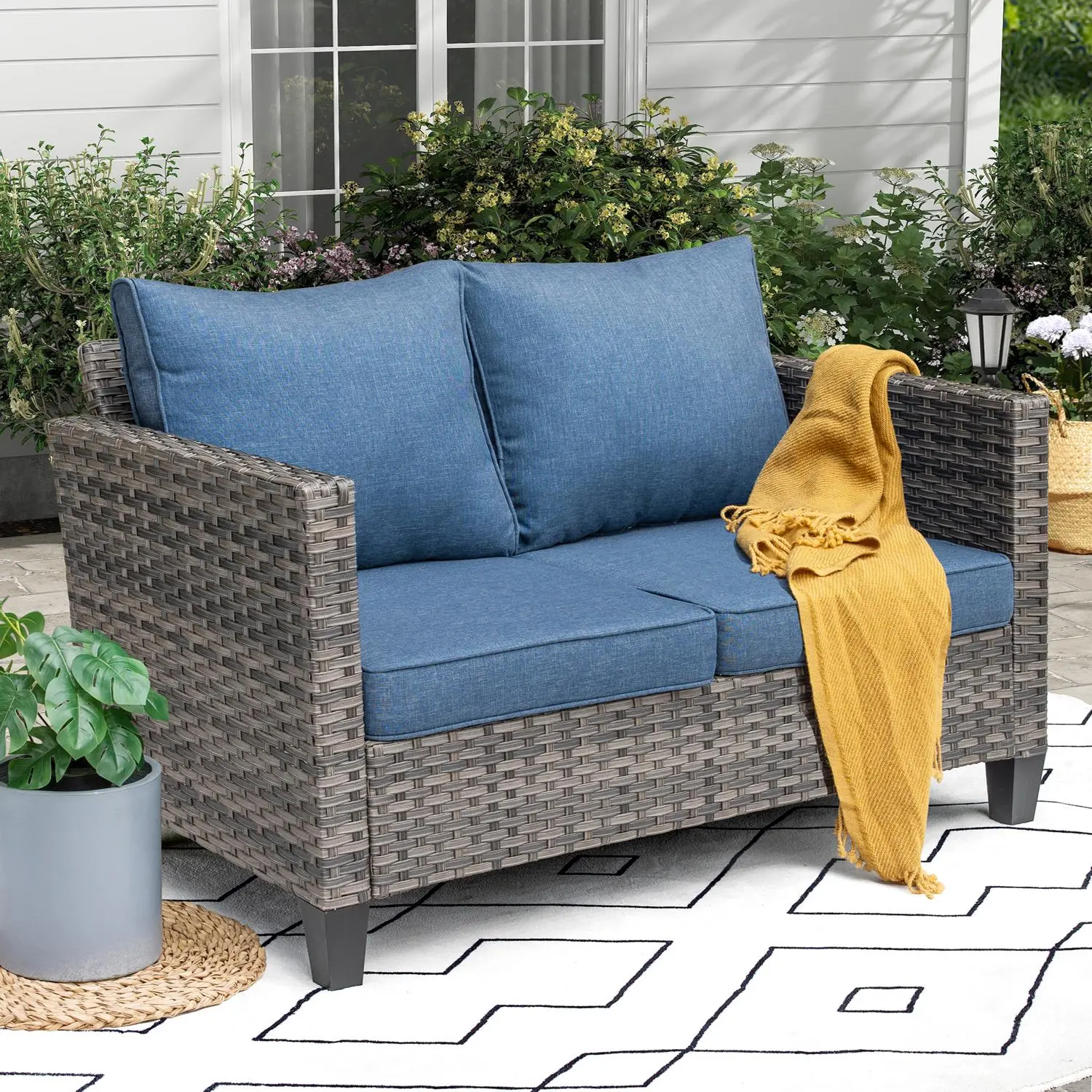 Patio Loveseat Wicker Loveseat Rattan Sofa - High Back, UV Protection Fabric, Spacious Armrests, Ideal for Outdoor Gatherings