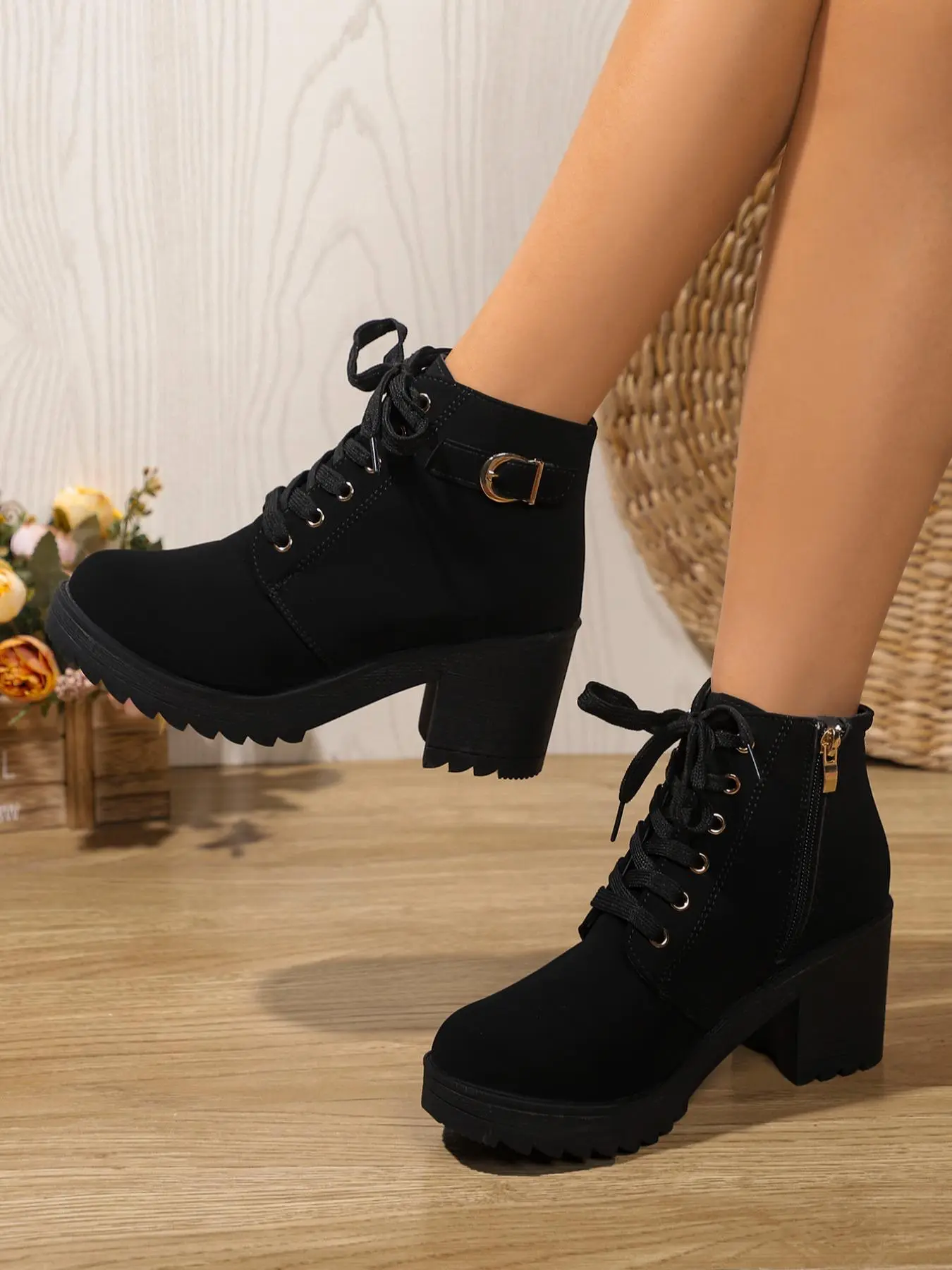 Women's Chunky Heel Thick Sole Ankle Boots, Side Zipper Lace-Up High Heel Thick Heeled Boots, Fall Winter Casual Fashion Shoes, Solid Color PU Leather Boots, Footwear Boot