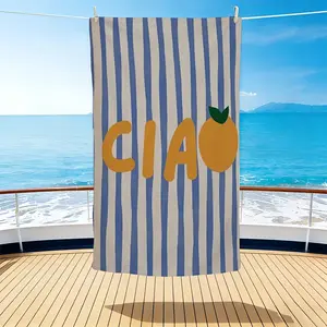 Blue Striped Ciao Lemon Print Quick-Dry Lightweight Beach Towel, Non-Shedding Pool Swim Absorbent Bath Sheet, Portable Vacation Towel, Quick Dry Towels For Travel
