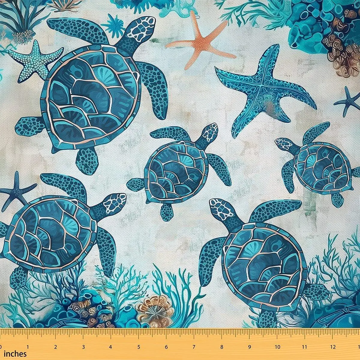 Sea Turtles Starfish Flannel Fabric Soft,Underwater Sealife Upholstery Fabric Chairs Sofa,Oil Art DIY Art Fabric,Teal Beige Decor Quilting Sewing,Not Stretchy