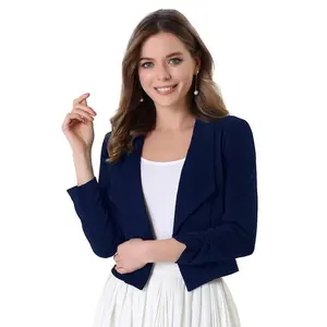 INSPIRE CHIC Notched Lapel Ruched Sleeve Jackets Business Cropped Blazer Dark Blue