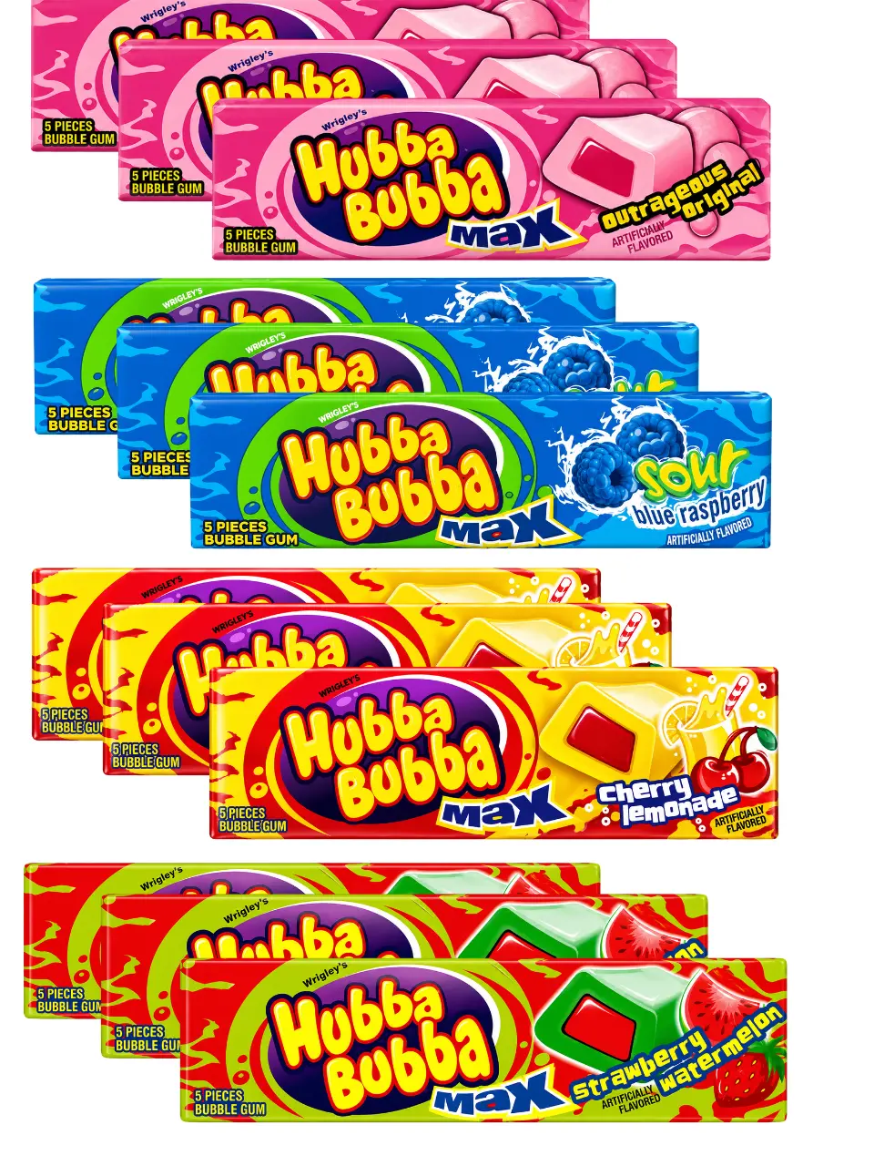 4 Flavor-Hubba Bubba Max Bubble Gum | 4 Flavor Variety, Outrageous Original, Sour Blue Raspberry, Cherry Lemonade or Strawberry Watermelon | 4 Pack or 12 Pack | NYC Bodega Gum – NY Snack Pantry