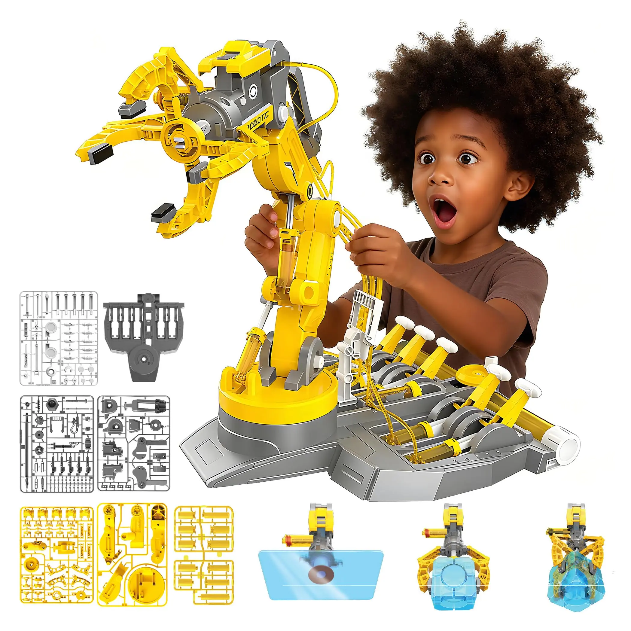 3-in-1 Hydraulic Manipulator Kit, High-Quality Plastic STEM Building Project, Children Development Toy for 8+ Years, Joystick Control, 270-Degree Rotation, No Batteries, Material and Safety Focused Scientific Experiment Tool, Hydraulic Robot Arm Kit, Over