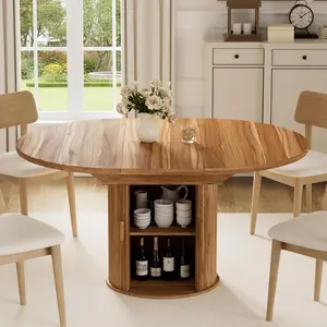 HOMMPA 43.3in-59in Extendable Round Dining Table for 4-6 Modern Kitchen Oval Dining Table with Storage Wood Circle Dinner Room Table for Kitchen Living Room Walnut