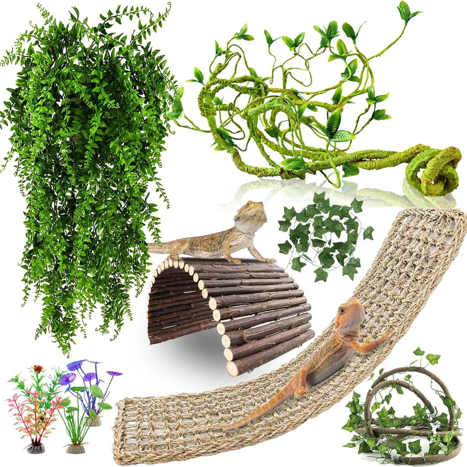 Bearded Dragon Tank Accessories, 10 count Reptile Hammock  Bridge Jungle Climber Vines for Snakes Bearded Dragon Chameleon Gecko Lizard
