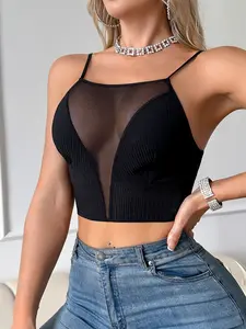 Sexy Sheer Mesh Patchwork Tank Top Bralette, Fine Strap Design, No Underwire, Wireless, Single Piece, Women's Lingerie Underwear, Casual Wear, Everyday, Womenswear
